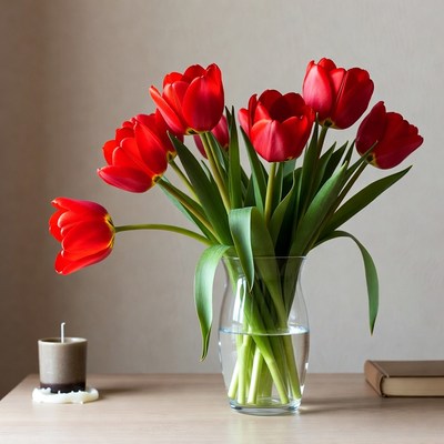 Vase of tulips on wooden table