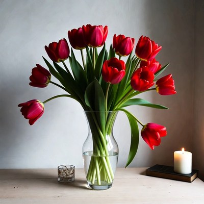 Red tulips in a glass vase