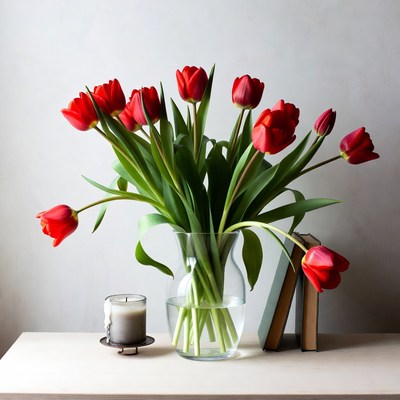 Red tulips in a clear vase on a table