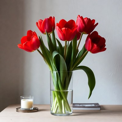 Red tulips in a vase on a table