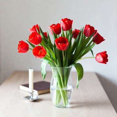 Red tulips on wooden table