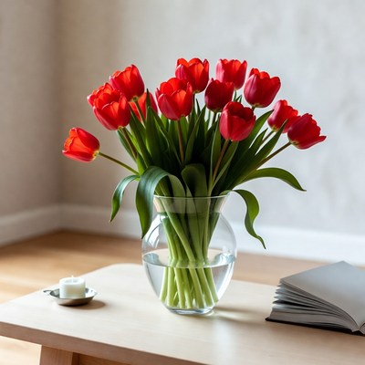 Red tulips in a glass vase on a table