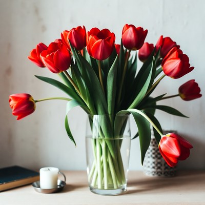 Red tulips in a clear vase