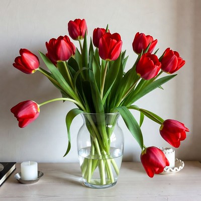 Red tulip bouquet in glass vase