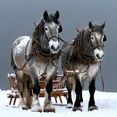 Horses pulling sled in winter scene