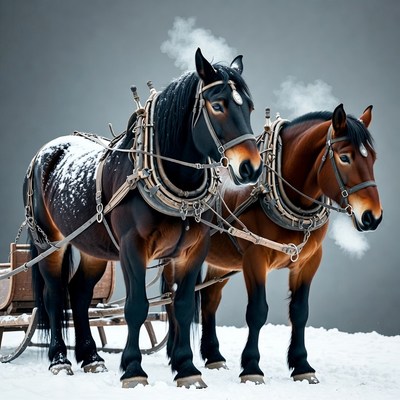 Horses in winter harness outdoors