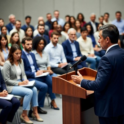 Speaker addresses audience in conference hall