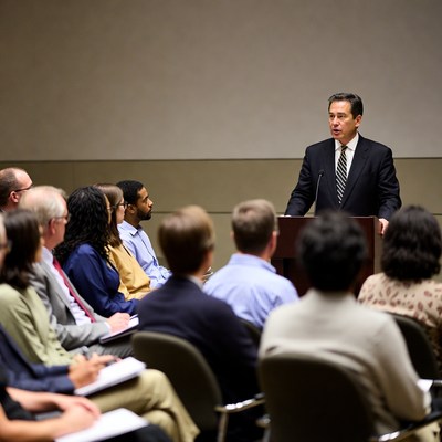 Business meeting with speaker and audience