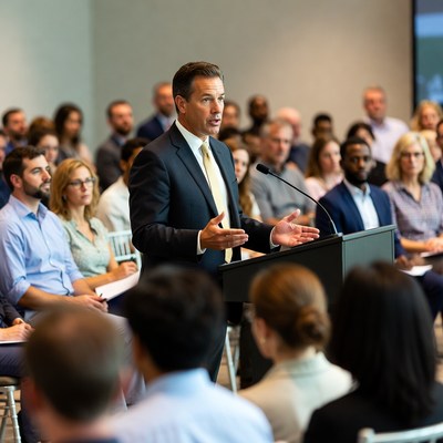 Speaker addresses audience during event