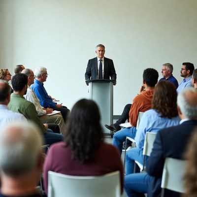Business meeting with speaker in front