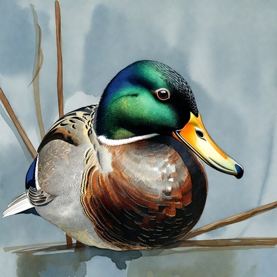 Duck resting on a branch in water