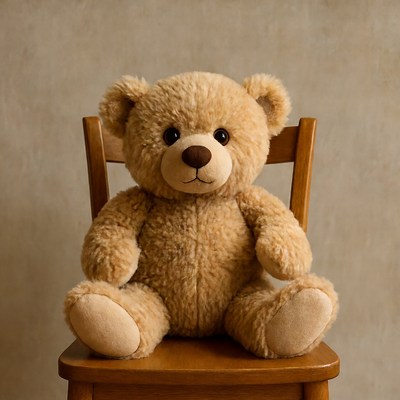 Teddy bear sitting on wooden chair
