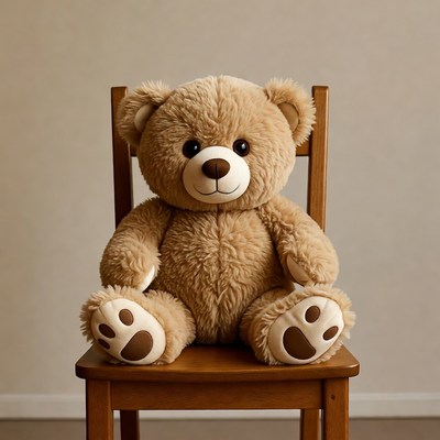 Large teddy bear sits on wooden chair