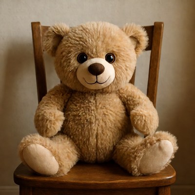 Soft teddy bear on wooden chair