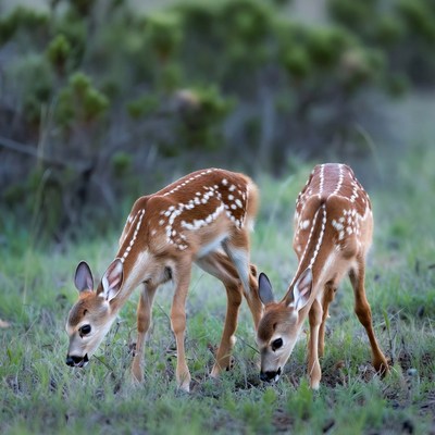 Fawns grazing in green grass