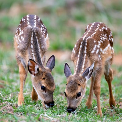 Twin fawns feeding on grass