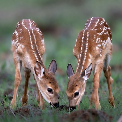 Fawns grazing in a grassy field