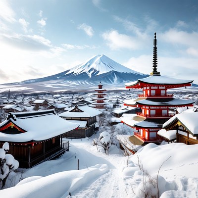 Mount fuji view with snow and pagodas