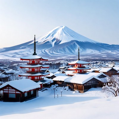 Snow-covered temples near a mountain