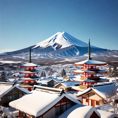 Mount fuji towers over snowy village
