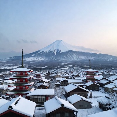 Mount fuji above snowy village
