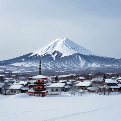 Snowy scene with mount fuji backdrop