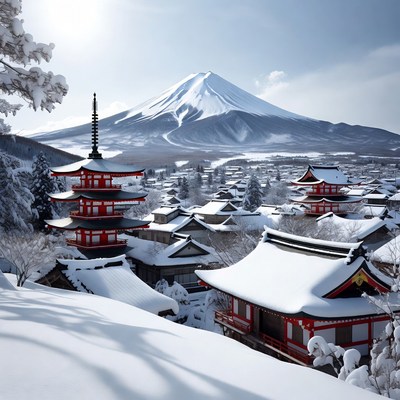 Snow covers buildings near mountain