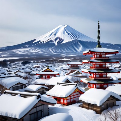 Snowy view of fuji and village