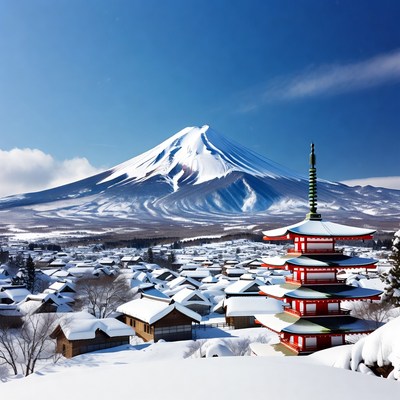 Snowy view of mount fuji and temple