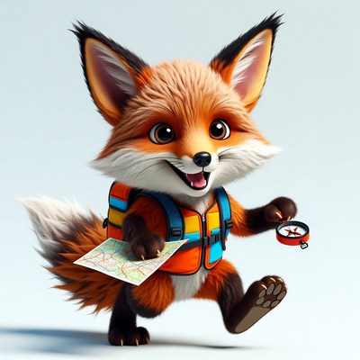 Fox with map and compass on an adventure