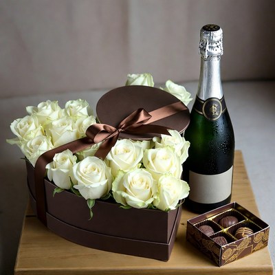 Gift box with flowers and sparkling drink