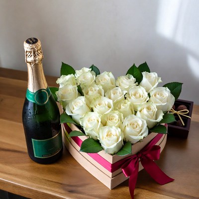 Gift box with champagne and flowers
