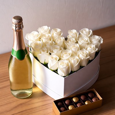 Gift of roses, champagne, and chocolate
