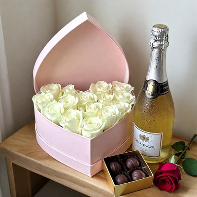 Gift set with flowers and drinks for celebration