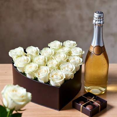 Gift box with roses and champagne