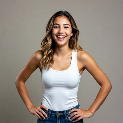 Woman smiles in studio setting