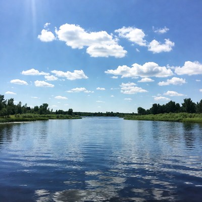 Sky and water reflect at a river
