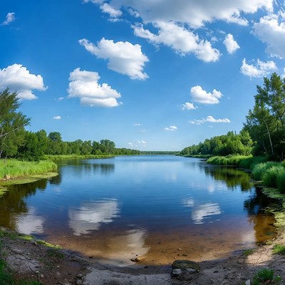 Clear lake with reflections under blue sky