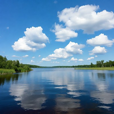 Clouds and water reflect in blue sky