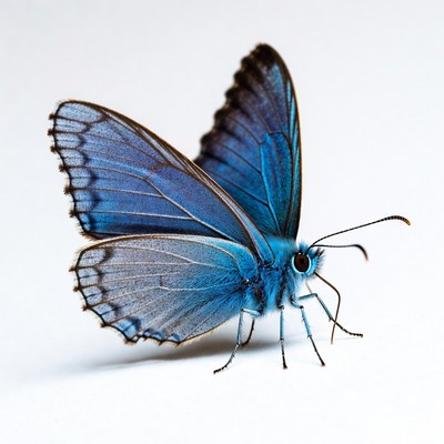 Bright blue butterfly on white background