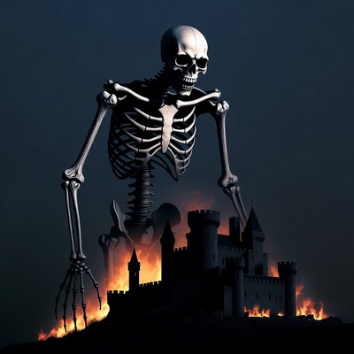Skeleton towers over burning castle