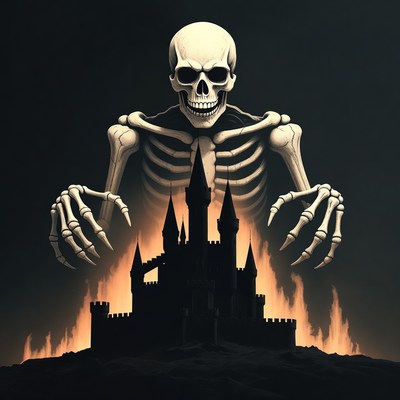 Skeleton towers over dark castle scene