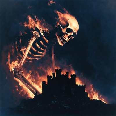 Skeleton watches over burning castle