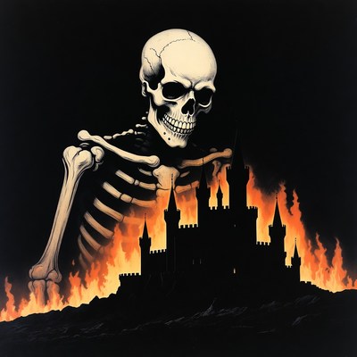 Skeleton surrounded by castle fire