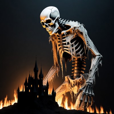 Skeleton towers over dark castle scene