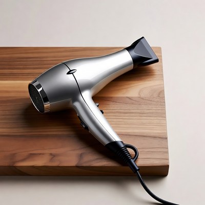 Silver hair dryer on wooden surface