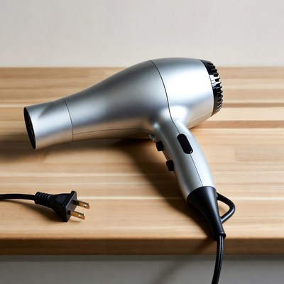 Metal hair dryer on wooden countertop