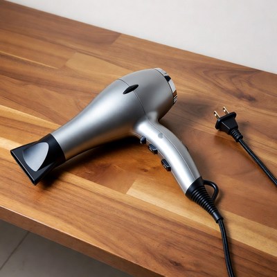 Hair dryer rests on wooden table