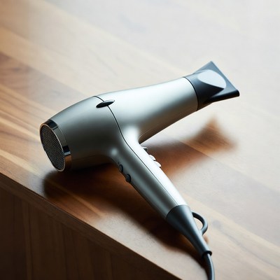 Modern hair dryer on wooden table