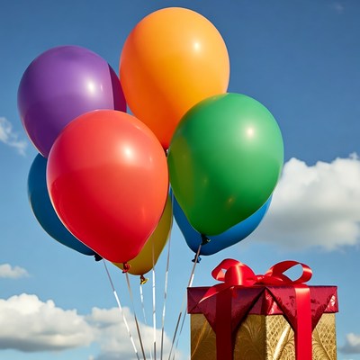 Balloons and gift box under sky